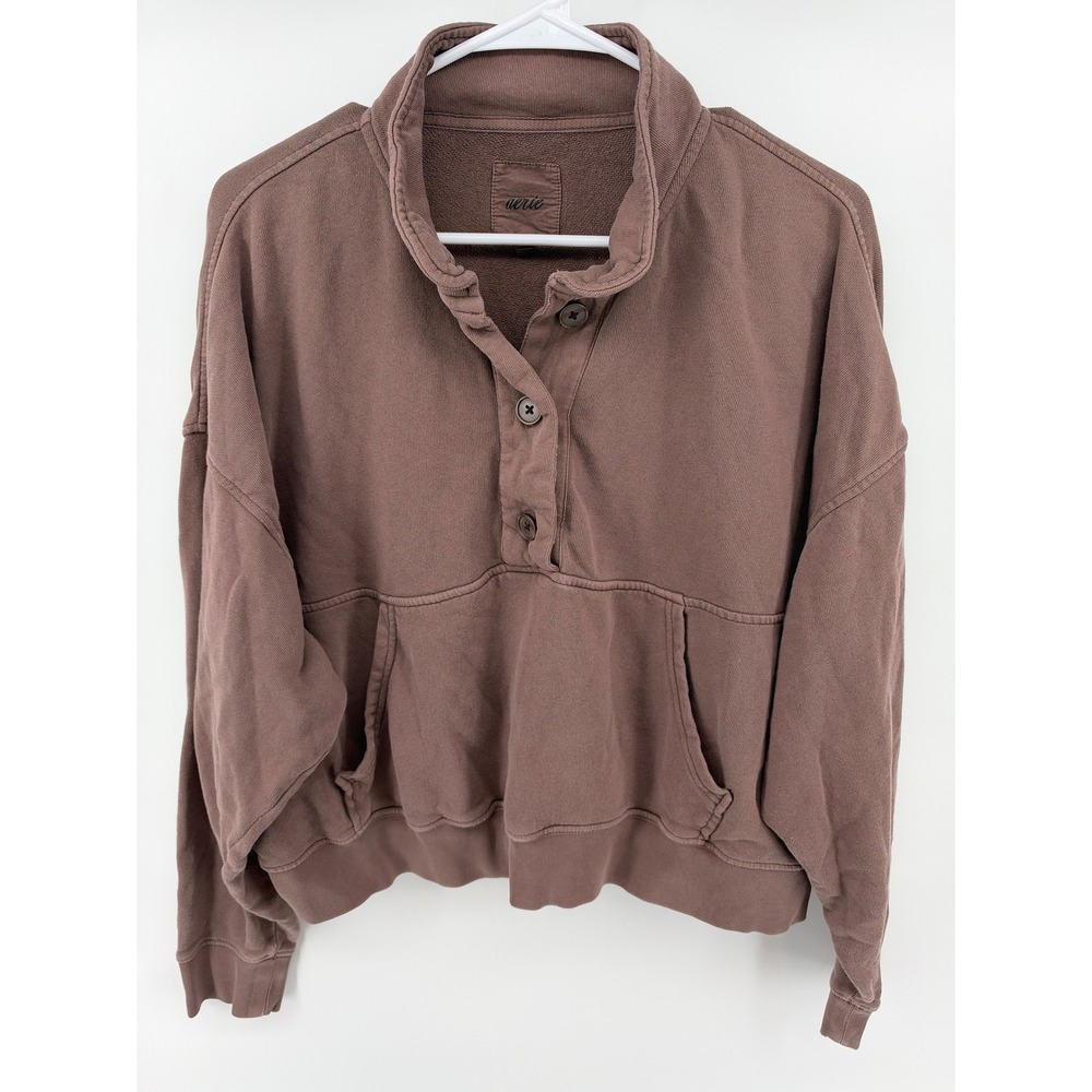 Aerie Oversized Cropped Sweatshirt Brown Henley Pull Over French Terry Women's M